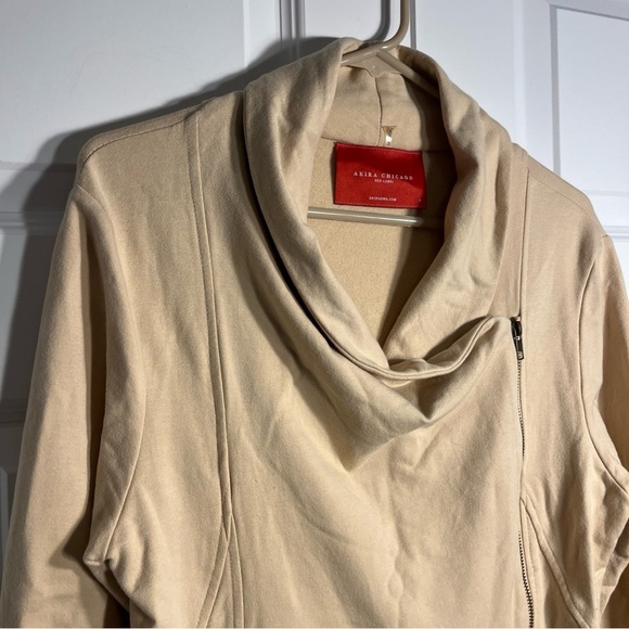 AKIRA CHICAGO Red Label Womens Long Tan Moto Zip Knit Jacket L - Picture 3 of 8